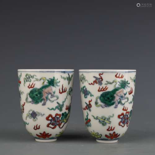 Pair Of Doucai Lion Cups