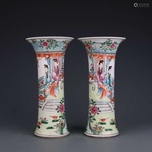 Pair Of Wucai Figure Beaker Vases