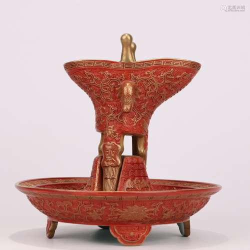 Lacquerware-Imitation Carved Porcelain Jue Cup And Cup Stand
