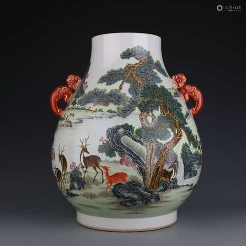 Famille Rose Hundred Deers Zun Vase