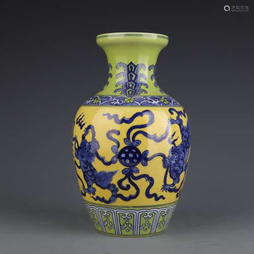 Yellow-Ground And Underglaze Blue Lion Vase