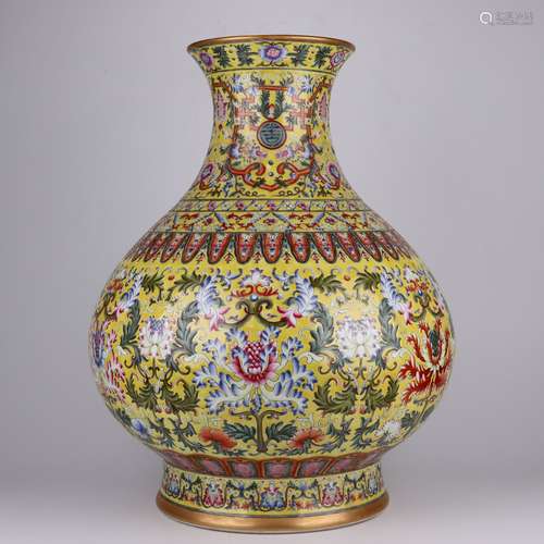 Yellow-Ground Famille Rose Entwining Lotus Zun Vase