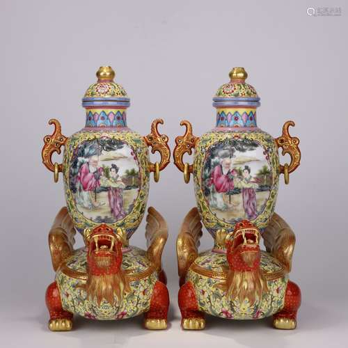 Pair Of Famille Rose Figure Vases