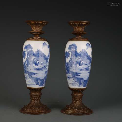 Pair Of Bronze Coating Blue And White Figure And Landscape C...