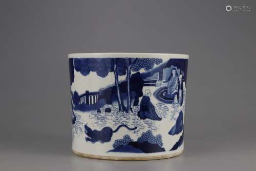A BLUE AND WHITE BRUSH POT PAINTED WITH CHARACTER