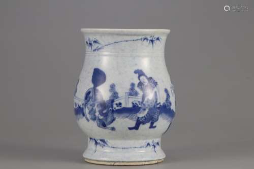 A BLUE AND WHITE BOTTLE  PAINTED WITH CHARACTER