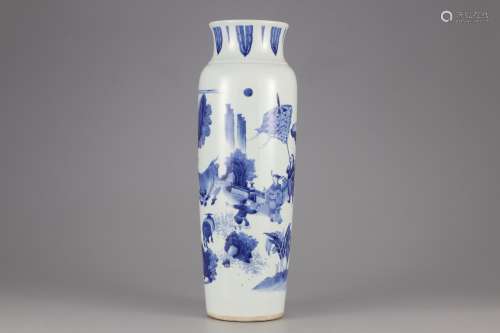 A BLUE AND WHITE TUBE BOTTLE PAINTED WITH CHARACTER