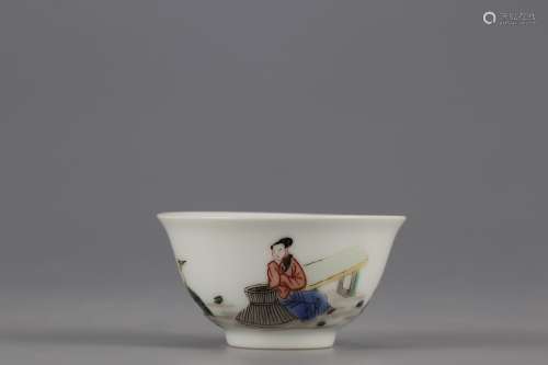 A MUTICOLORED CUP PAINTED WITH CHARACTER