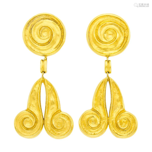 Ilias Lalaounis Pair of Gold Scrolled Pendant-Earclips