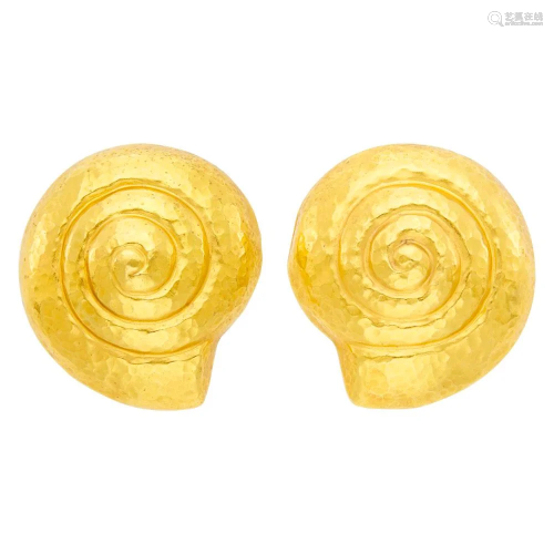 Pair of High Karat Hammered Gold Spiral Earclips