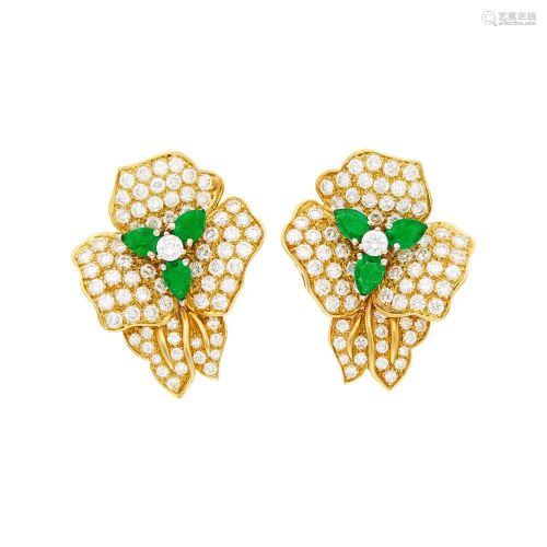 Pair of Gold, Diamond and Emerald Flower Earclips