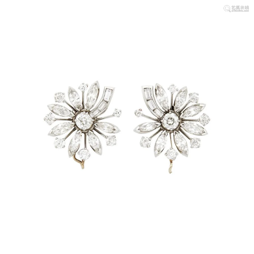 Pair of Platinum and Diamond Flower Earclips