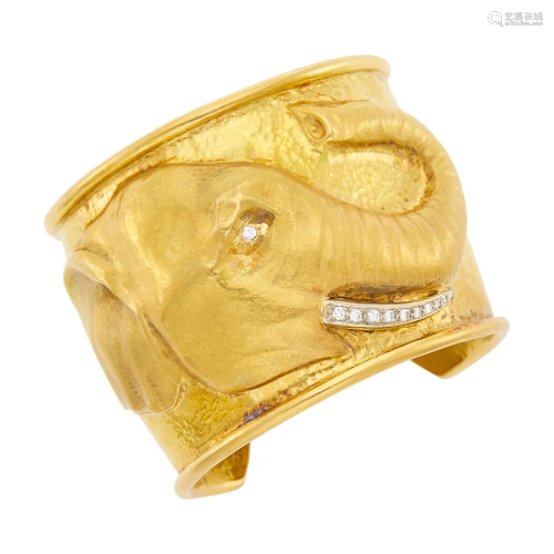 Hammered Gold and Diamond Elephant Cuff Bangle Bracelet