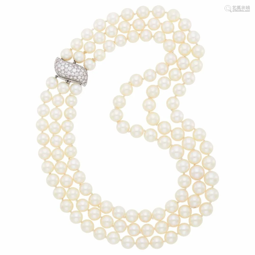 Triple Strand Cultured Pearl Necklace with Platinum and