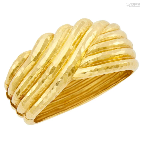 Wide Hammered Gold Cuff Bangle Bracelet