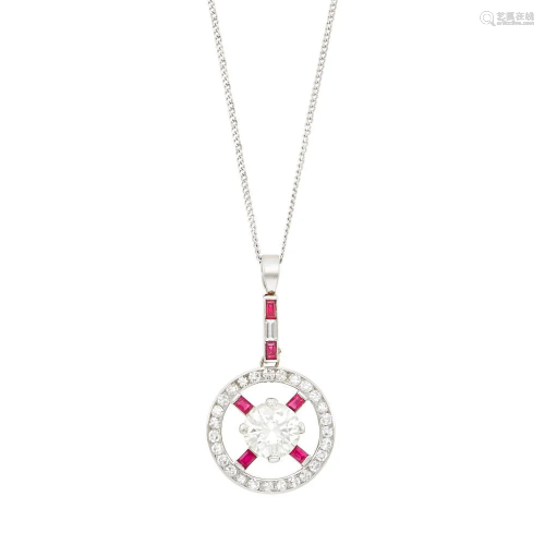 Platinum, Diamond and Ruby Pendant with White Gold