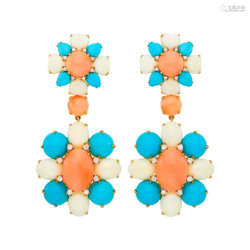 Pair of Gold, White and Angel Skin Coral, Turquoise and