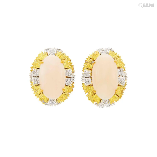 Pair of Two-Color Gold, Angel Skin Coral and Diamond