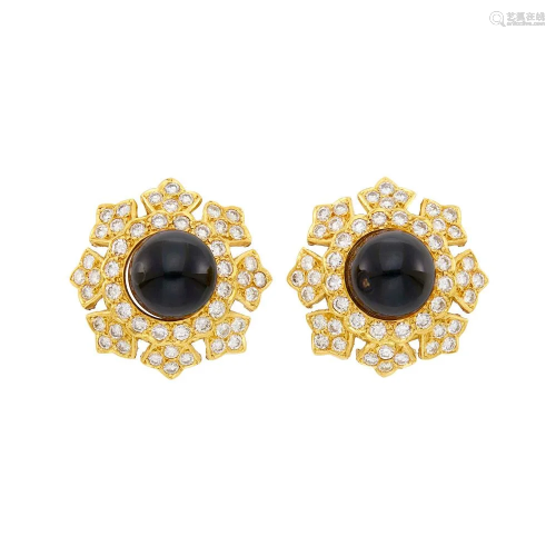 Pair of Gold, Black Enamel and Diamond Earclips