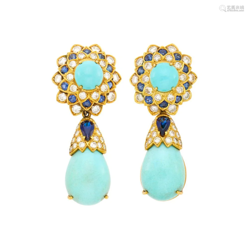 Pair of Gold, Turquoise, Diamond and Sapphire