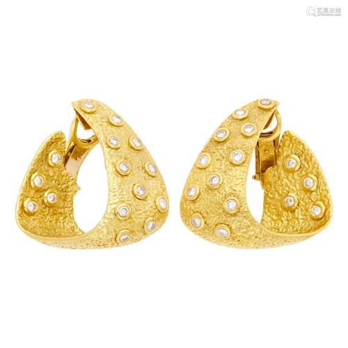 Pair of Gold and Diamond Hoop Earclips