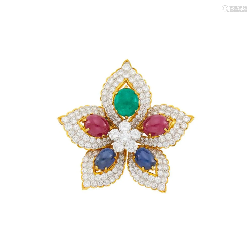 Two-Color Gold, Diamond and Cabochon Gem-Set Flower