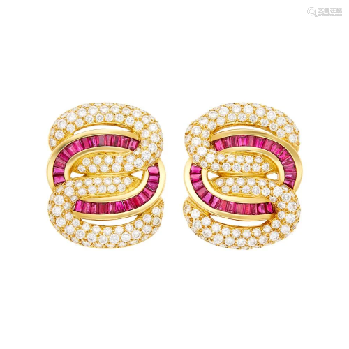 Charles Krypell Pair of Gold, Ruby and Diamond Earclips