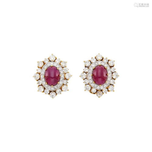 Pair of Two-Color Gold, Cabochon Ruby and Diamond