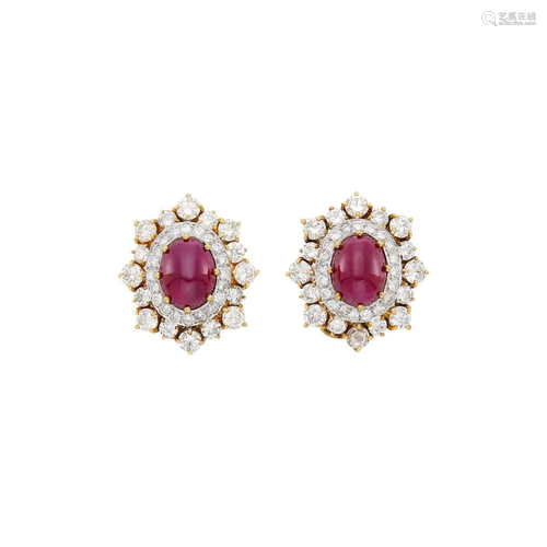 Pair of Two-Color Gold, Cabochon Ruby and Diamond