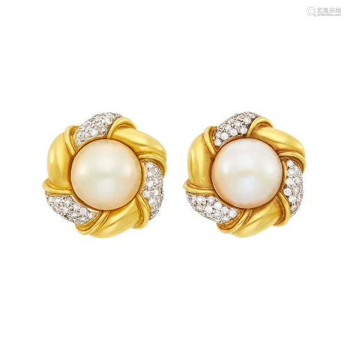Pair of Two-Color Gold, Mabé Pearl and Diamond