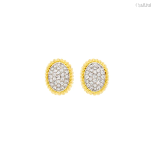 Pair of Two-Color Gold and Diamond Earclips