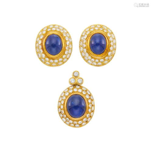 Pair of Gold, Cabochon Sapphire and Diamond Earclips
