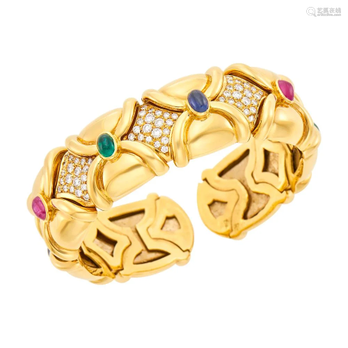 Gold, Cabochon Colored Stone and Diamond Cuff Bracelet