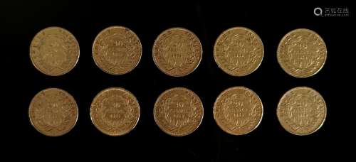 Dix pièces de 20 francs or Napoléon III, 1854 A (x6) et 1855...