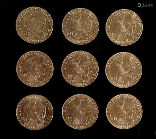 Neuf pièces de 20 francs or au Coq. France. 58,16 grammes