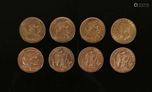 Ensemble de 8 pièces de 20 francs or comprenant : quatre piè...