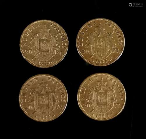 Quatre pièces de 20 francs or Napoléon III tête laurée, 1863...
