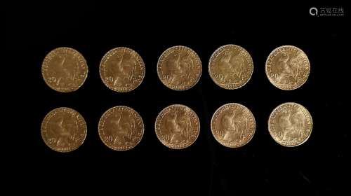 Dix pièces de 20 francs or au Coq. France. 64,58 grammes