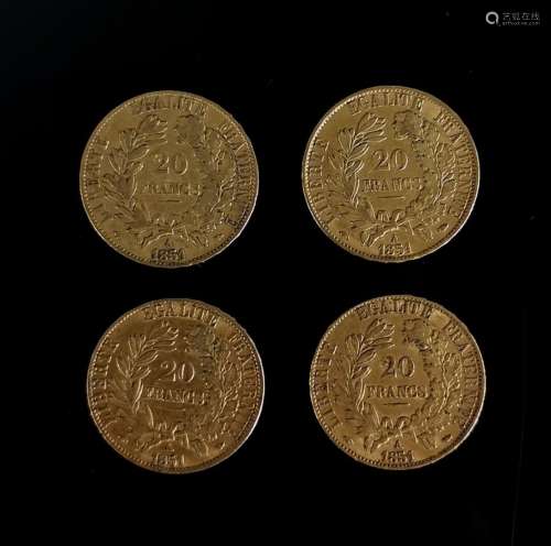 Quatre pièces de 20 francs or Cérès, 1851 A. France, IIème R...