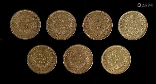 Sept pièces de 20 francs or Napoléon III, 1859 A (x3), 1859 ...