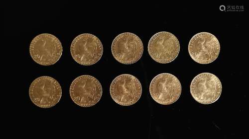 Dix pièces de 20 francs or au Coq. France. 64,59 grammes