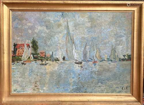 Ecole française néo-impressioniste, bateaux en bord de mer, ...