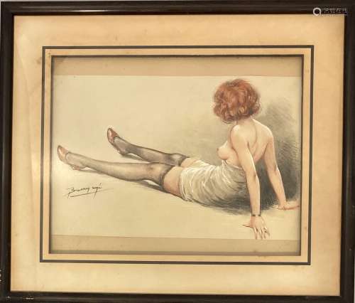 René BRESSON, Elégante assise partiellement dénudée, crayon,...