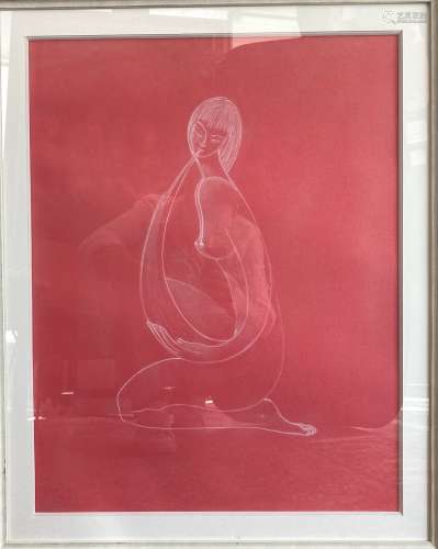Francis BRUEL, Femme accroupie, crayon blanc. Haut. 61 cm. L...