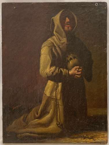 E. DARRE, Le Moine pénitent, huile sur toile du XIXe siècle,...