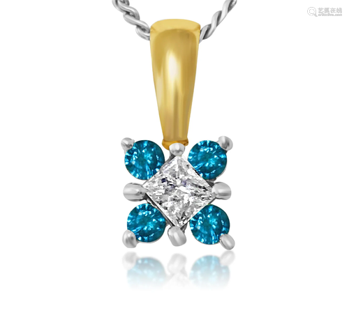 0.60 carat diamond & Blue Diamond in 14k gold pendant.