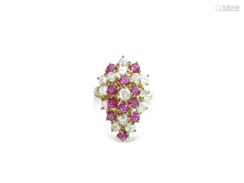 14K Gold, 3.50 Carat Diamond & Ruby Cocktail Ring