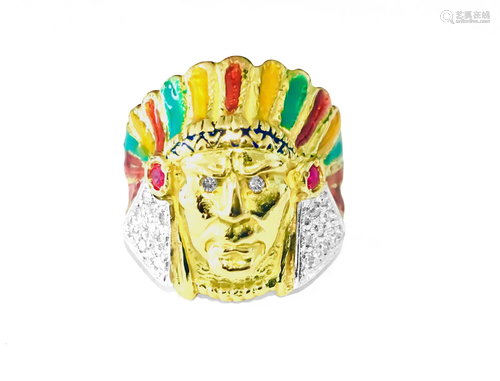 American Indian. 18k, 0.85 carat Diamond & Ruby Ring