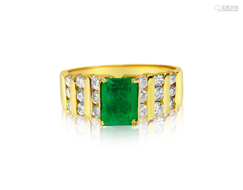 14k Yellow Gold. 2.70 Carat Diamond Emerald Ring