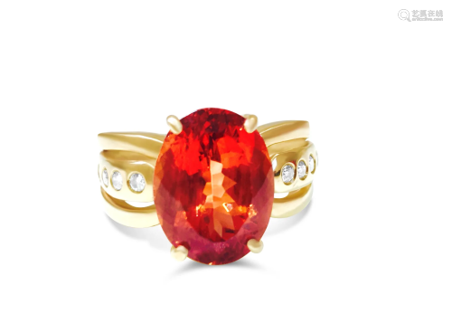 14k Gold, 5.00 CT Orange Beryl and Diamond Ring.